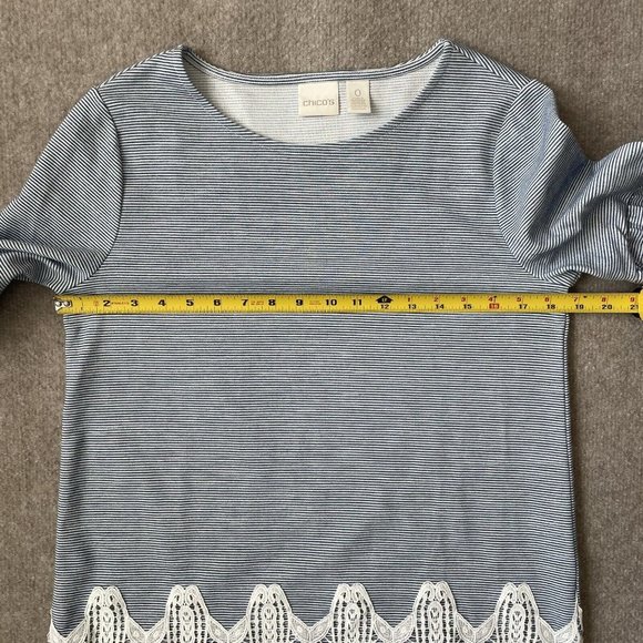 Chico's Shirt Womens 0 (Small) Blue White Striped Lace Bell Sleeves Hem Casual - Picture 6 of 8